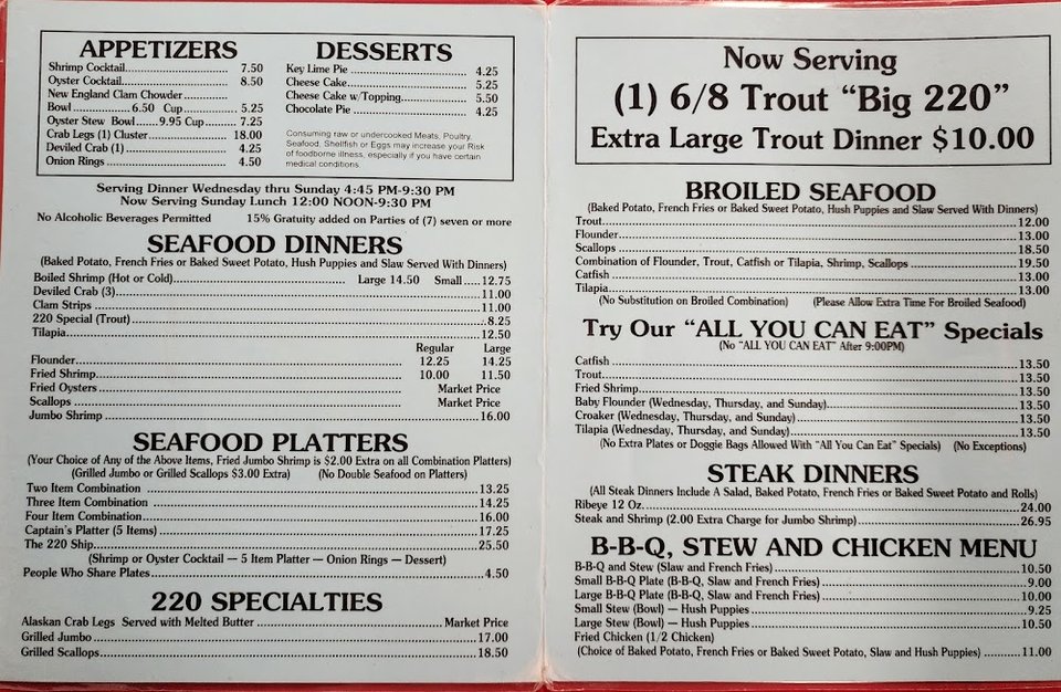 Seafood specials with catfish, flounder, and shrimp.