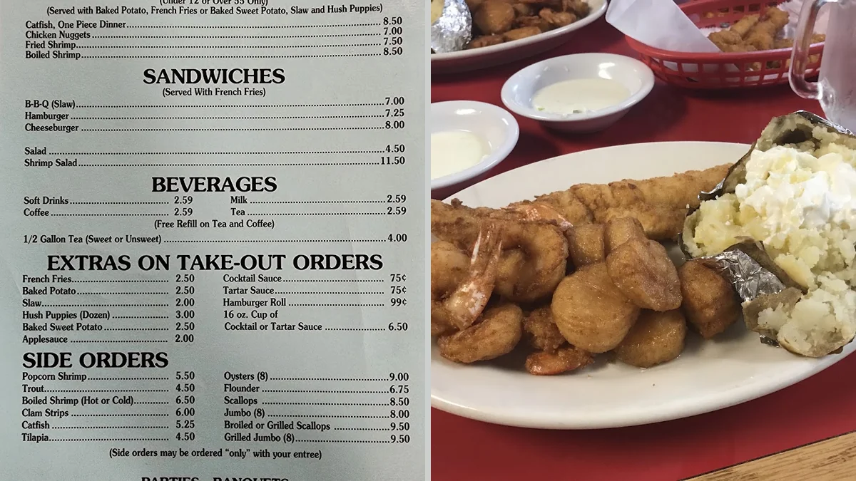 Golden hush puppies beside slaw and catfish.