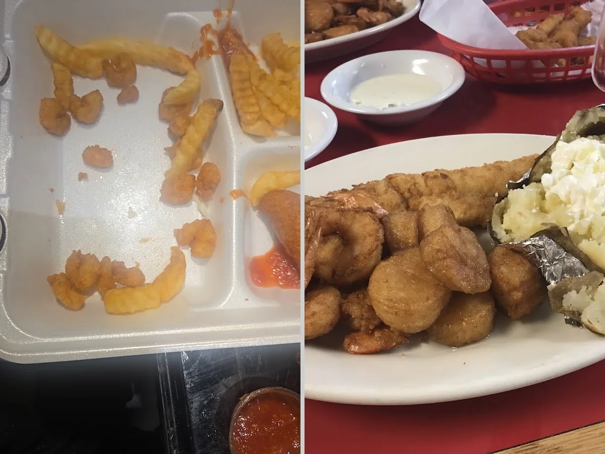 Plated flounder, shrimp, and a baked potato.