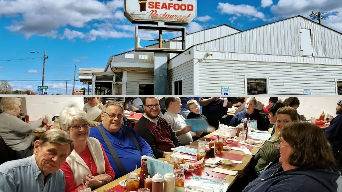 A hearty seafood dinner with sides and lemon.